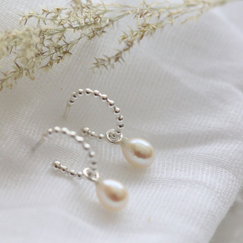 Silver beaded huggie hoops with removable pearl drops