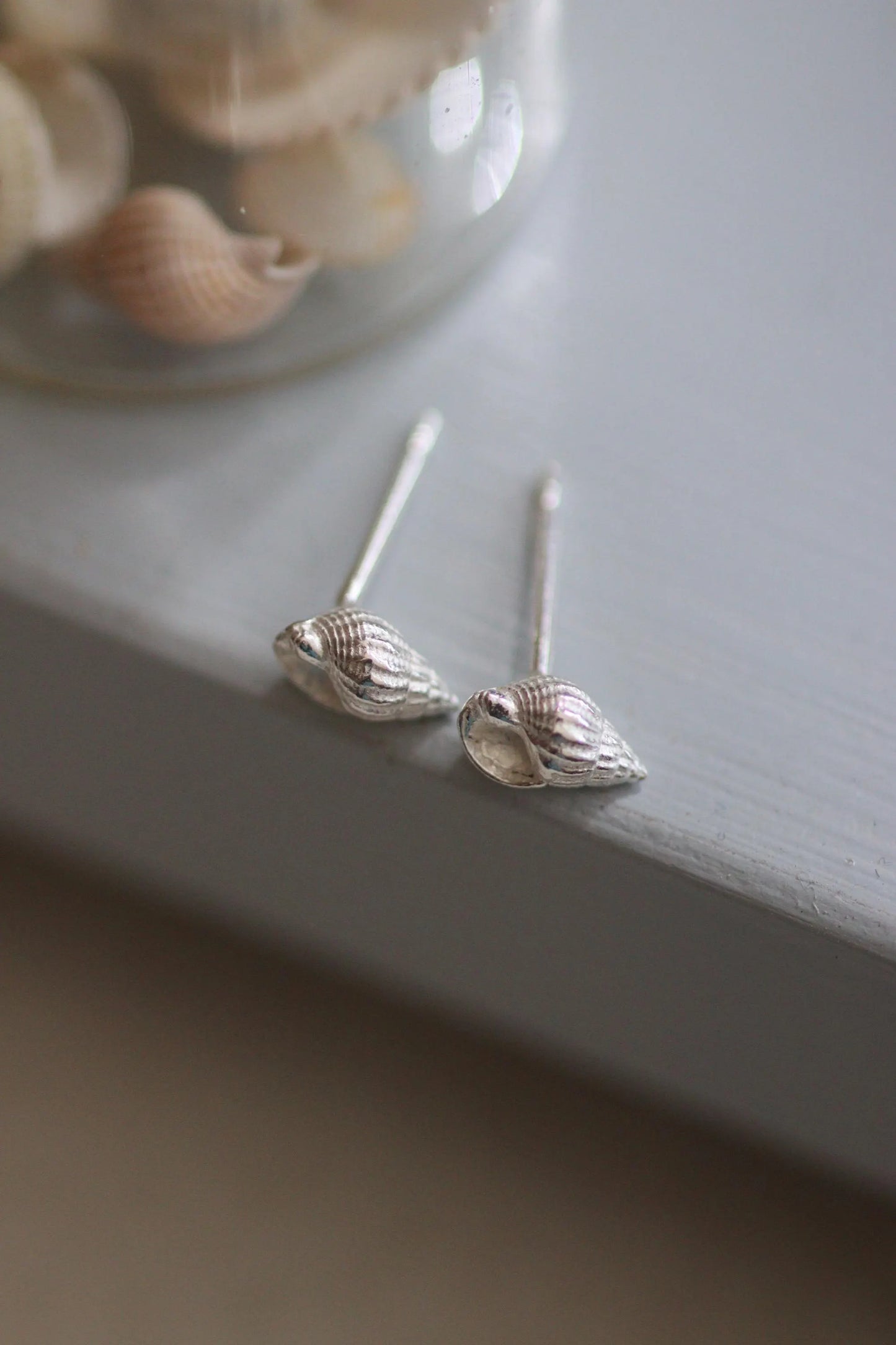 Tiny solid silver seashell studs shown up close with all their detail and next to the original seashell collection.