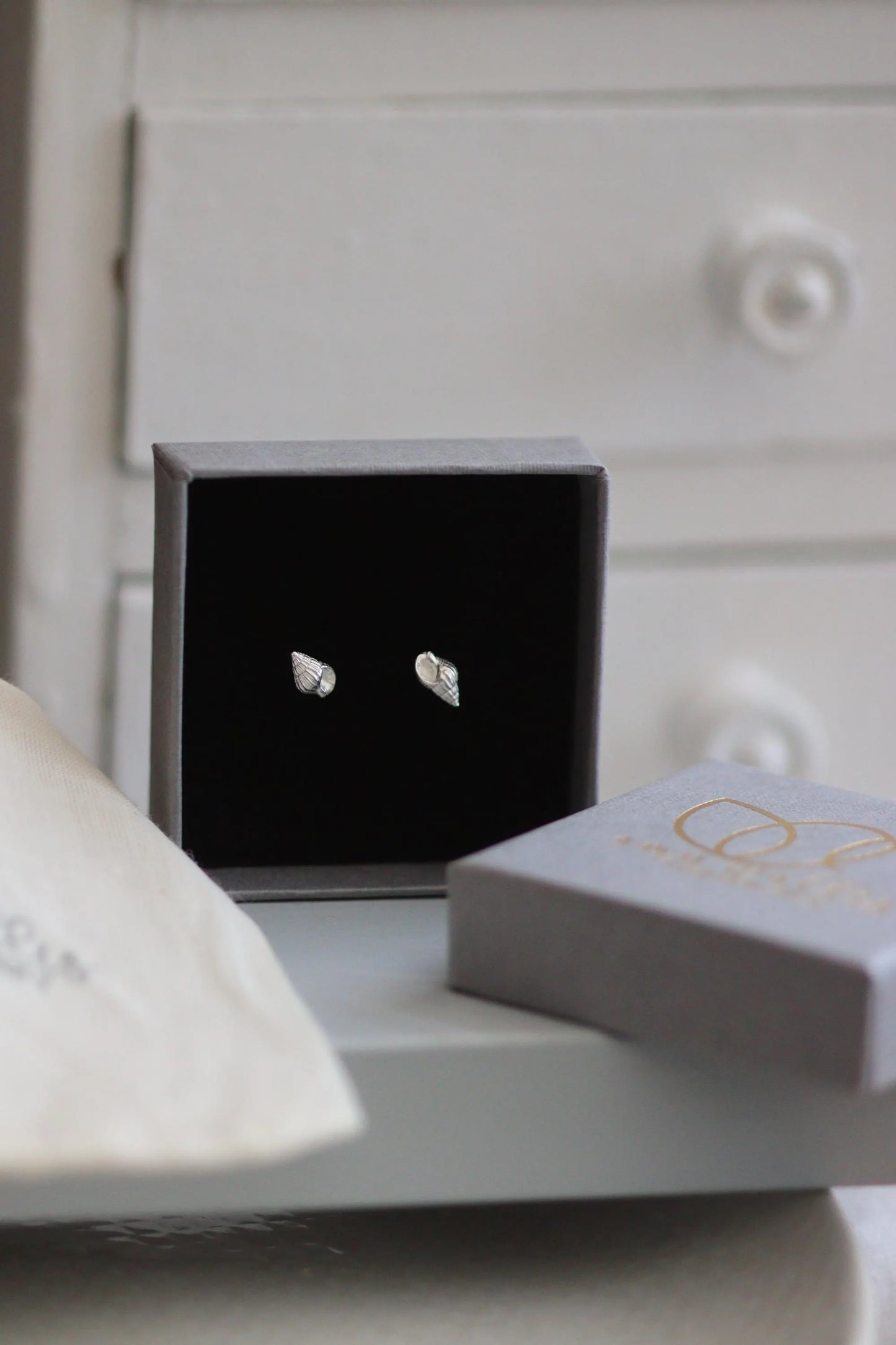 Solid silver seashell studs in a branded amy wallis box.