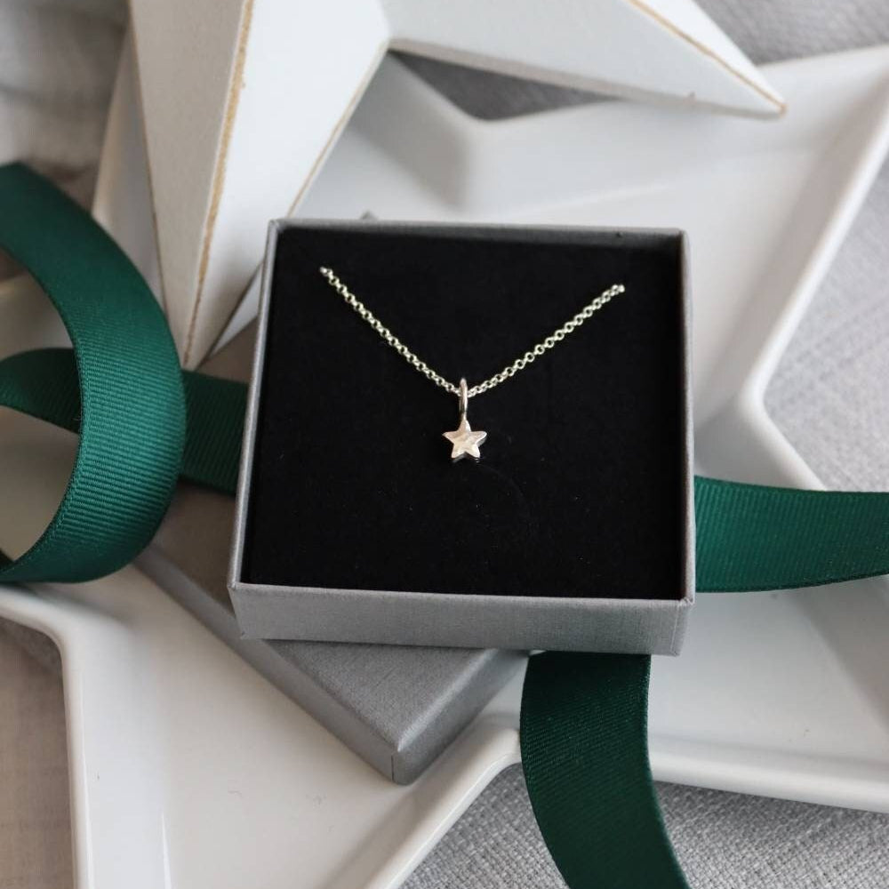 A minimalist star charm on a fine silver chain in a grey box. On star plates and green ribbons.