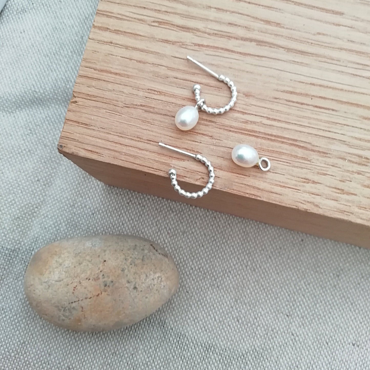 Small Silver Beaded Huggies with Removable Pearl Drops
