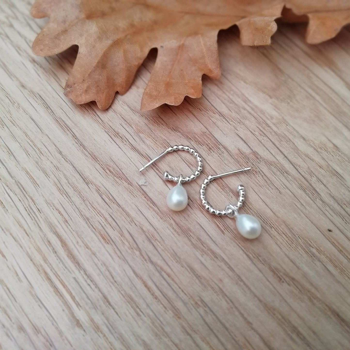 Small Silver Beaded Huggies with Removable Pearl Drops