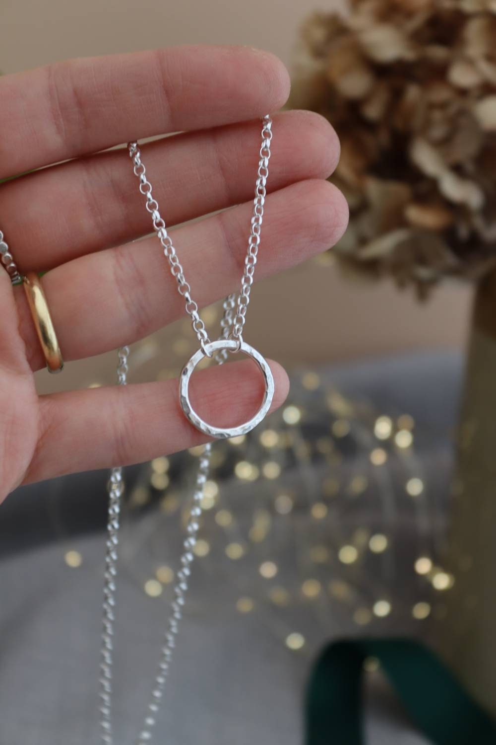 Silver Hug Necklace - Hammered Silver Ring