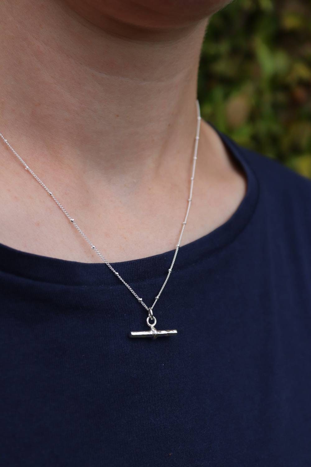 T-Bar Necklace Sterling Silver on a Beaded Chain