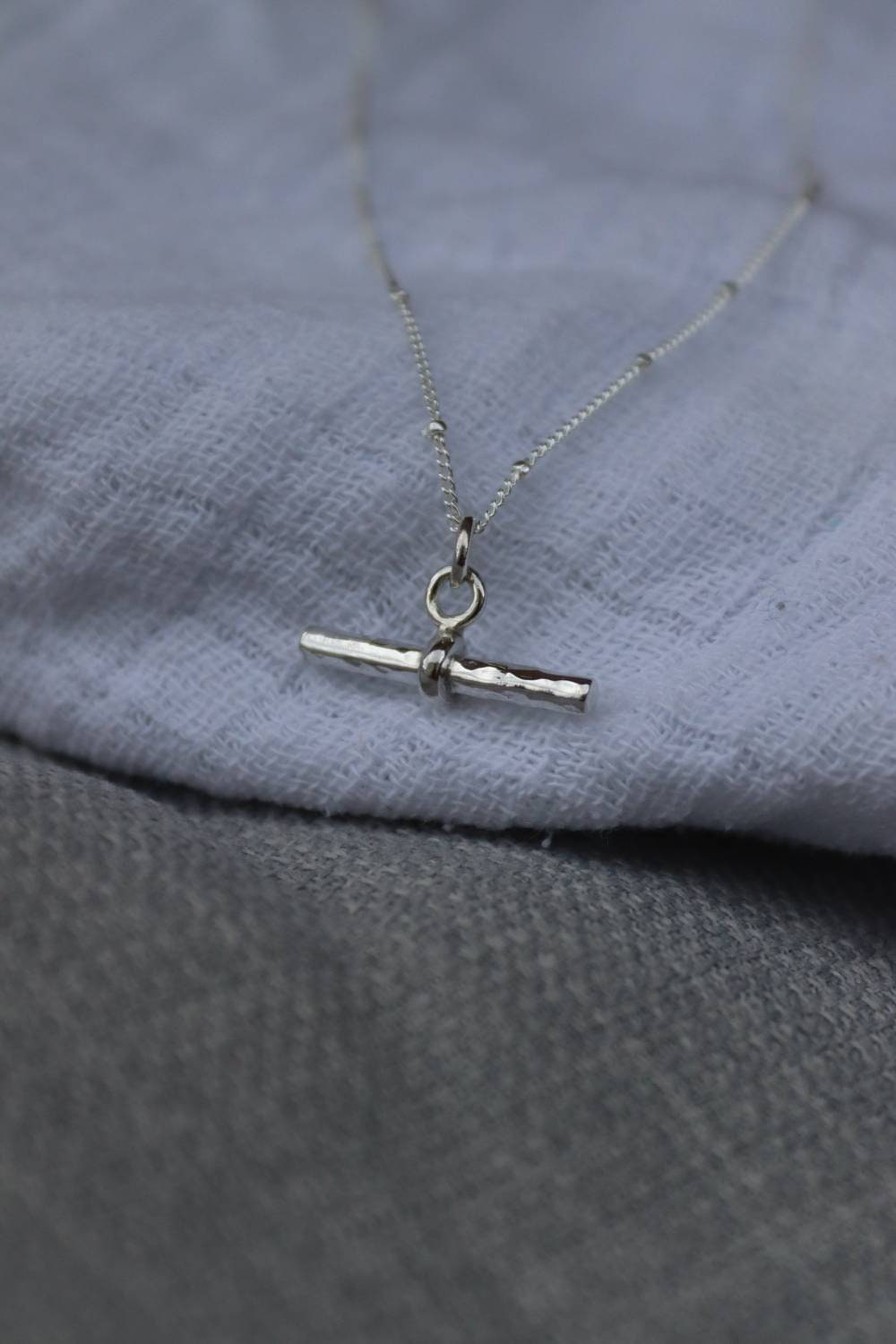 T-Bar Necklace Sterling Silver on a Beaded Chain
