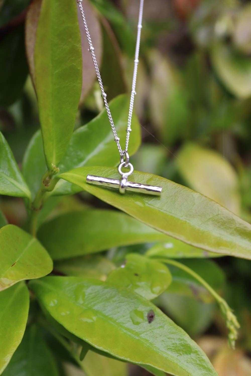 T-Bar Necklace Sterling Silver on a Beaded Chain