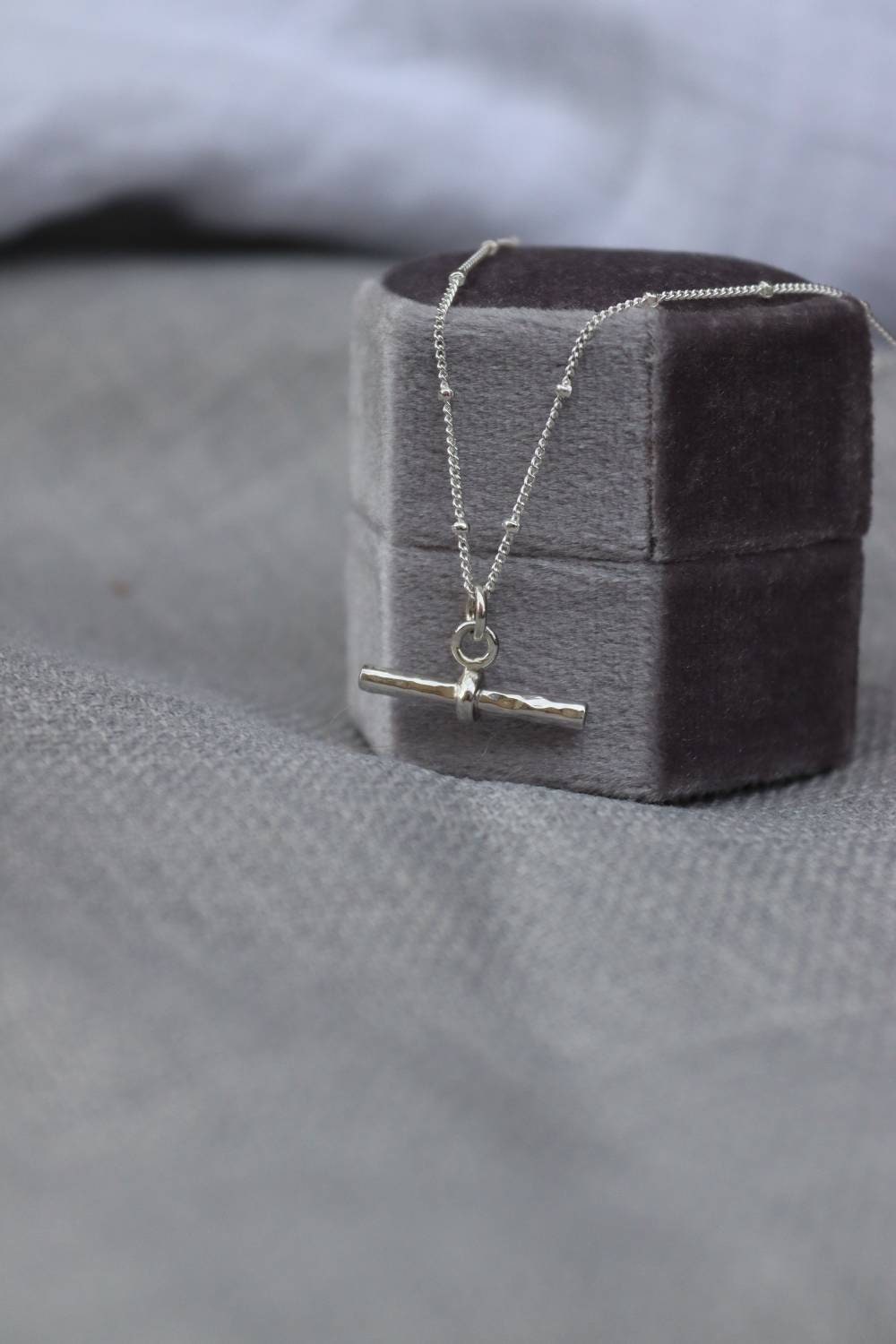 T-Bar Necklace Sterling Silver on a Beaded Chain