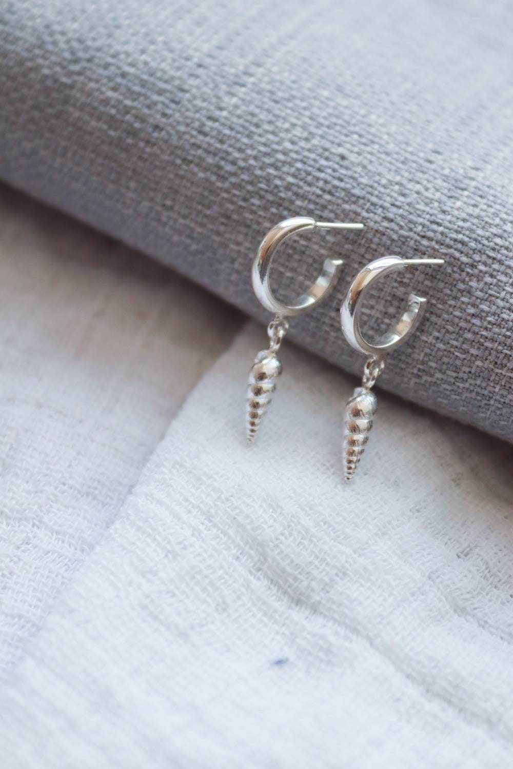 Solid Silver Seashell Huggie Hoops / Showstoppers / Dangly Huggies / Shell Earrings