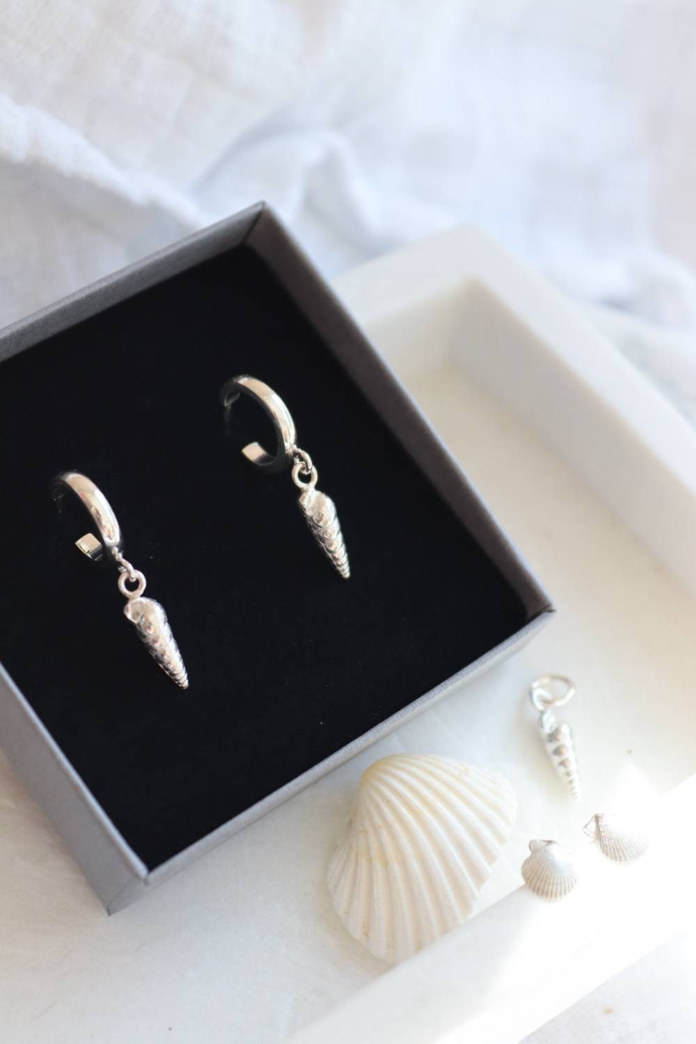 Solid Silver Seashell Huggie Hoops / Showstoppers / Dangly Huggies / Shell Earrings