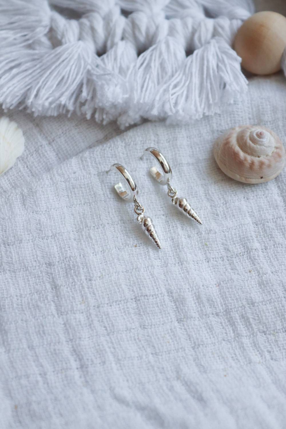 Solid Silver Seashell Huggie Hoops / Showstoppers / Dangly Huggies / Shell Earrings