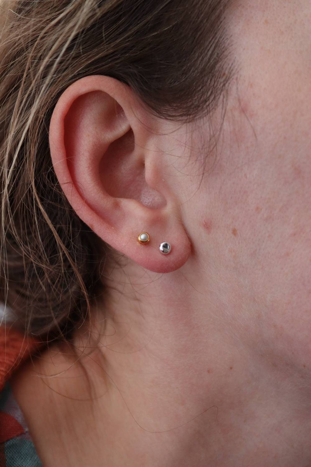 Small Heart Studs / Recycled Silver Dot Earrings with Impressed Hearts / Cute sterling Silver Stud Earrings made by hand