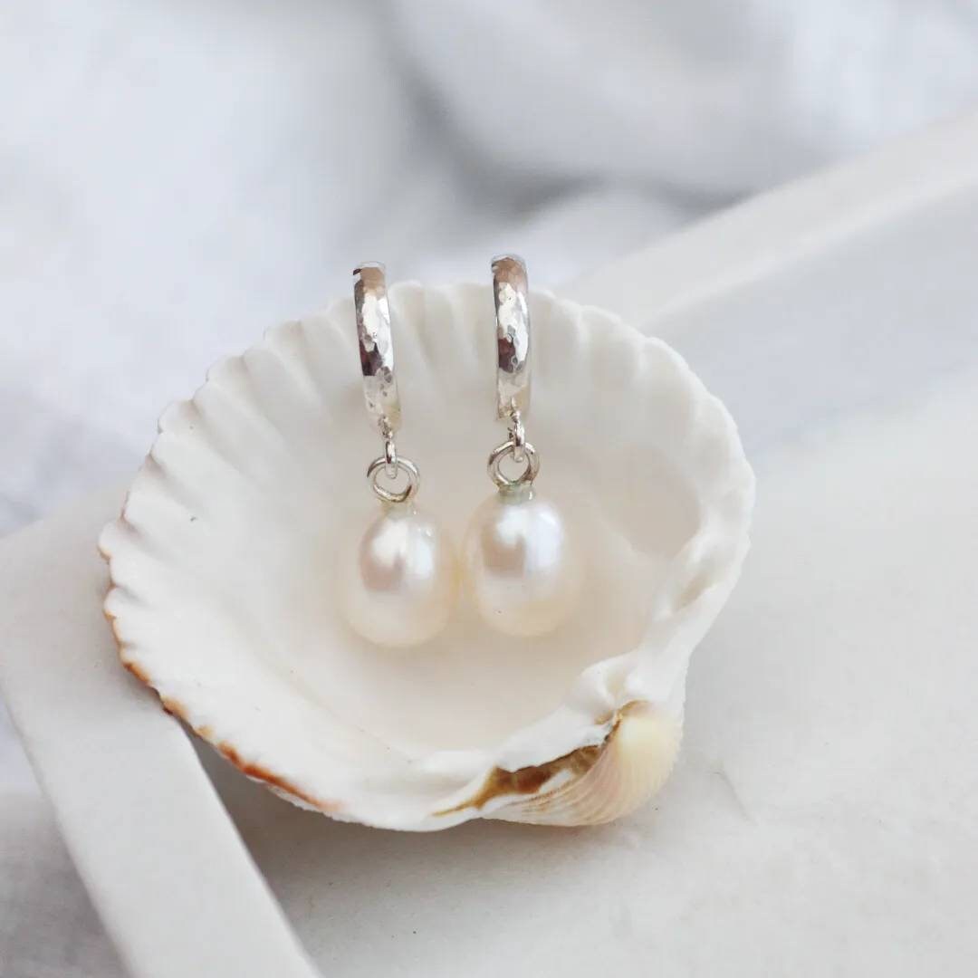 Sterling Silver Pearl Drop Hoop Earrings / Princess of Wales Inspired Huggie Earrings