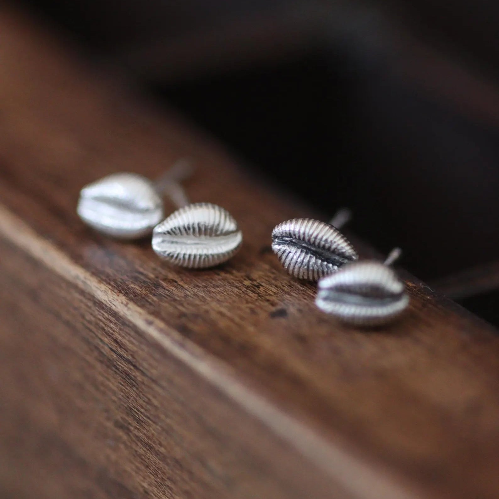 oxidised and bright silver groatie buckie stud earrings.