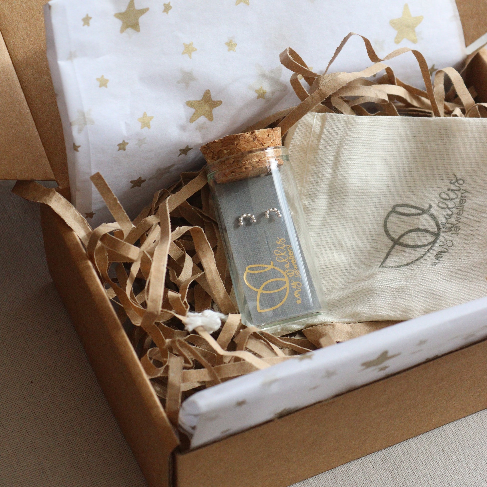 Product packaging with a bottle and silver rainbow earrings on star-patterned tissue inside a cardboard box.