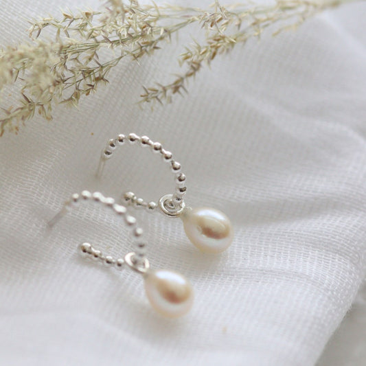 Silver beaded huggie hoops with removable pearl drops