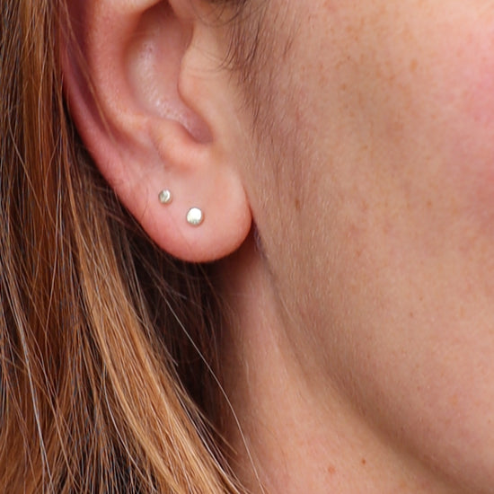 minimalist handmade white gold dot studs 