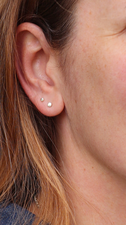 minimalist handmade white gold dot studs 