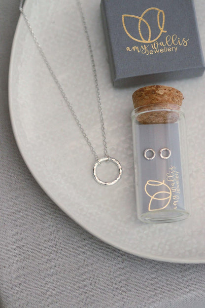 Silver Hug Necklace - Hammered Silver Ring