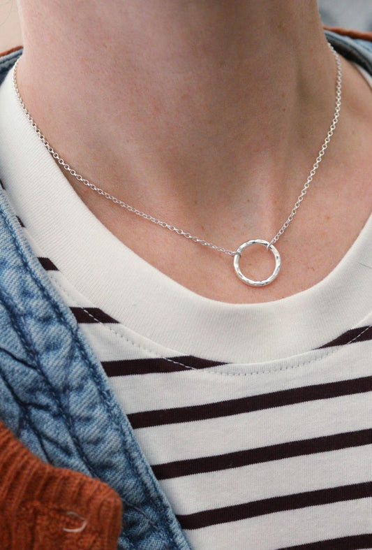 Silver Hug Necklace - Hammered Silver Ring