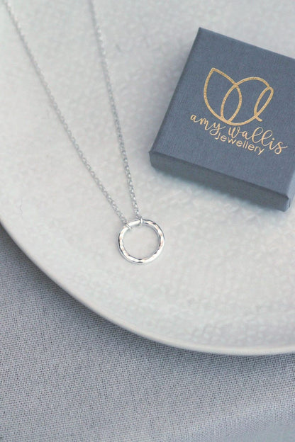 Silver Hug Necklace - Hammered Silver Ring