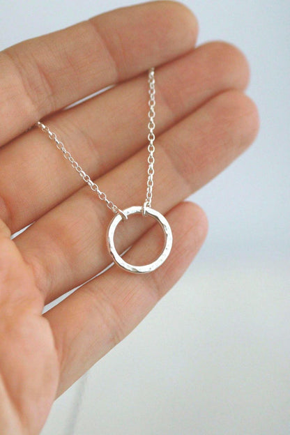 Silver Hug Necklace - Hammered Silver Ring