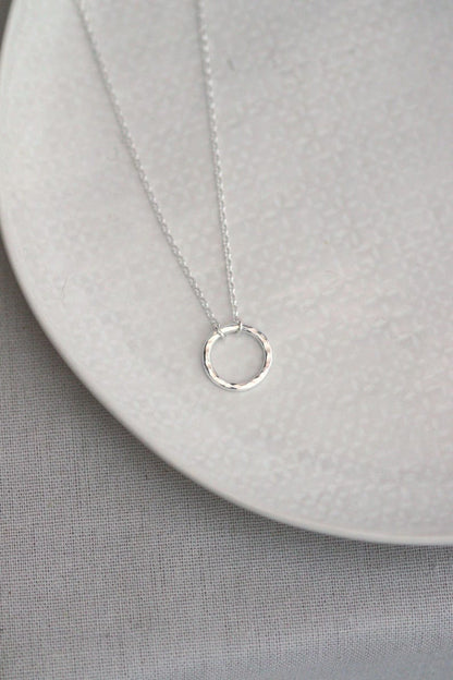 Silver Hug Necklace - Hammered Silver Ring
