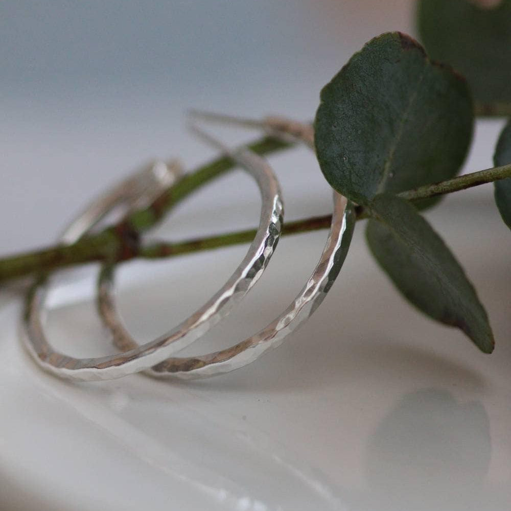 Hammered silver hoop earrings balanced on a eucalyptus branch.