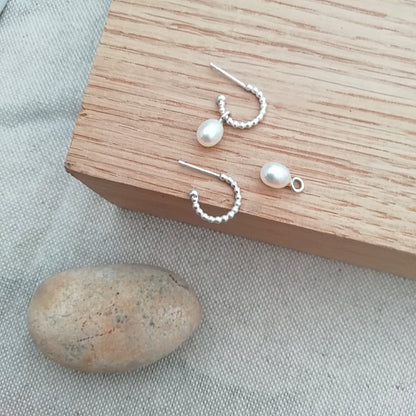 Small Silver Beaded Huggies with Removable Pearl Drops