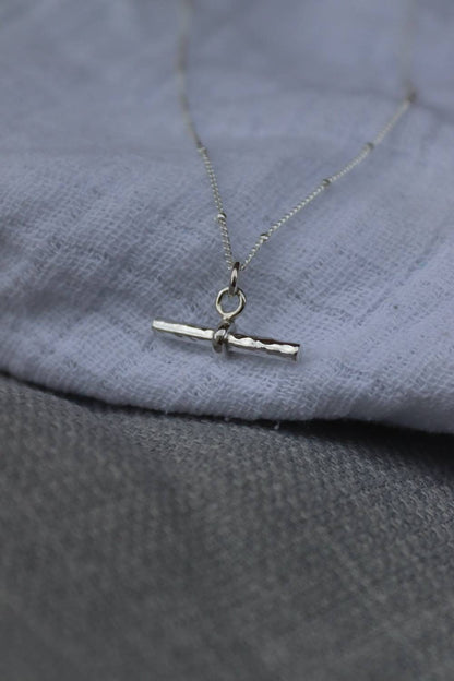 T-Bar Necklace Sterling Silver on a Beaded Chain