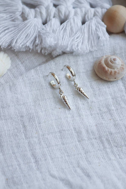 Solid Silver Seashell Huggie Hoops / Showstoppers / Dangly Huggies / Shell Earrings