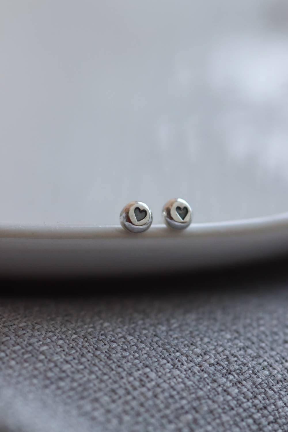 Small Heart Studs / Recycled Silver Dot Earrings with Impressed Hearts / Cute sterling Silver Stud Earrings made by hand