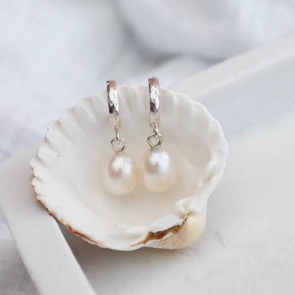 Sterling Silver Pearl Drop Hoop Earrings / Princess of Wales Inspired Huggie Earrings