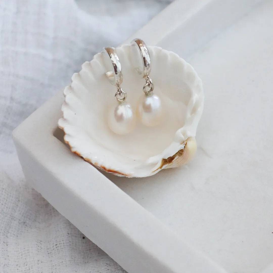 Sterling Silver Pearl Drop Hoop Earrings / Princess of Wales Inspired Huggie Earrings