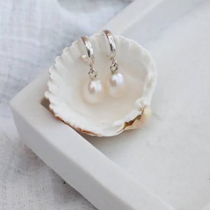 Sterling Silver Pearl Drop Hoop Earrings / Princess of Wales Inspired Huggie Earrings