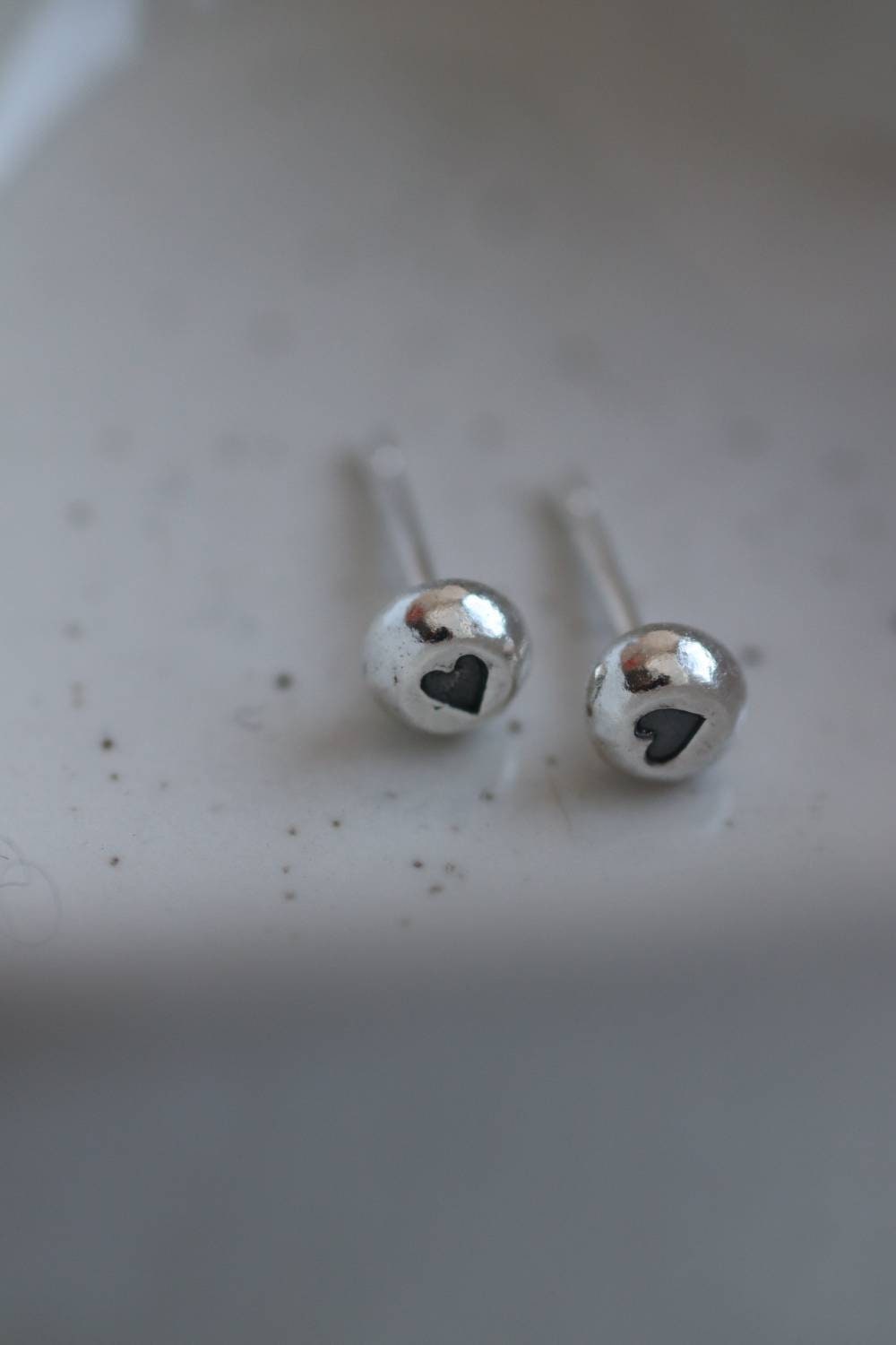 Small Heart Studs / Recycled Silver Dot Earrings with Impressed Hearts / Cute sterling Silver Stud Earrings made by hand