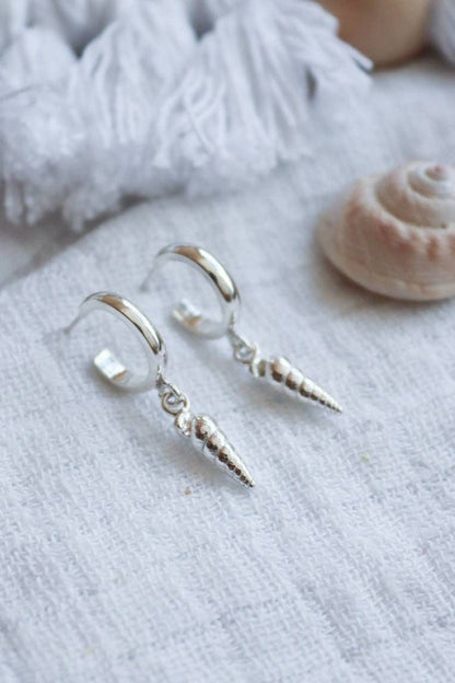 Solid Silver Seashell Huggie Hoops / Showstoppers / Dangly Huggies / Shell Earrings