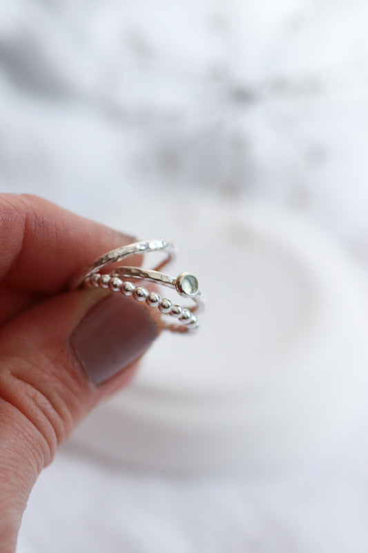 Stacking Ring Set With Prehnite Rose Cut Gemstone Size L / Sterling Silver Hammered Gemstone Stacker, Beaded Ring and Plain Stacker