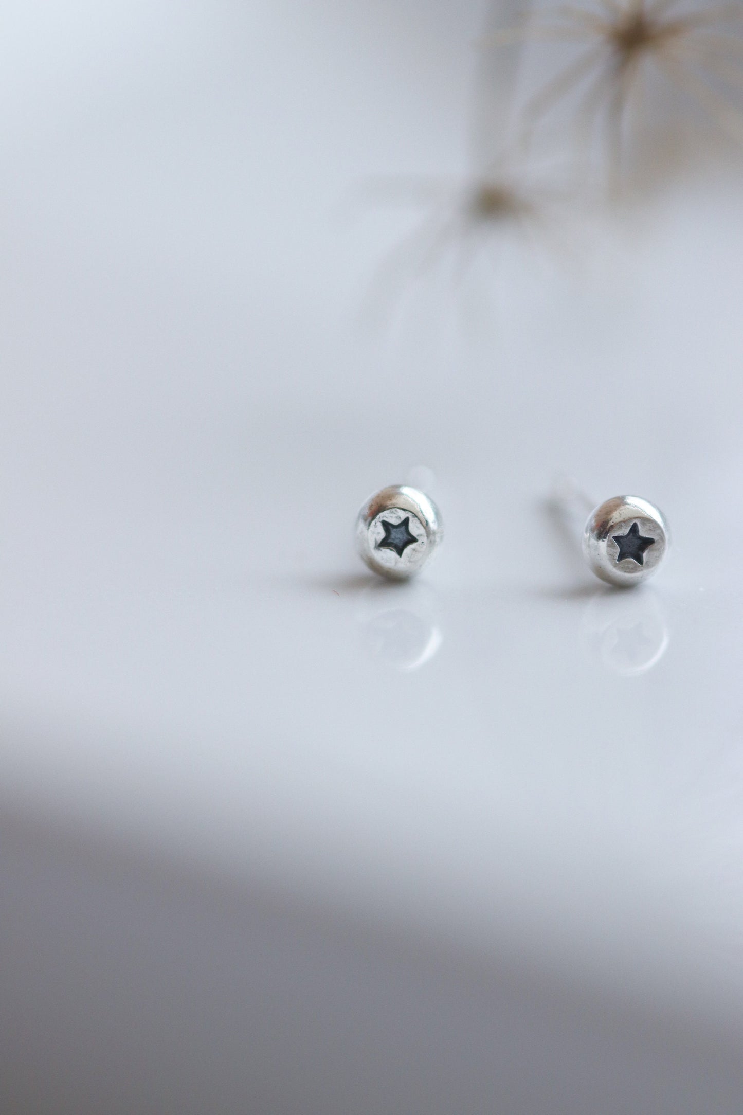 Tiny Star Studs / Christmas Earrings / Recycled Sterling Silver Dot Earrings with a Star Impression / Cute Studs for second piercing