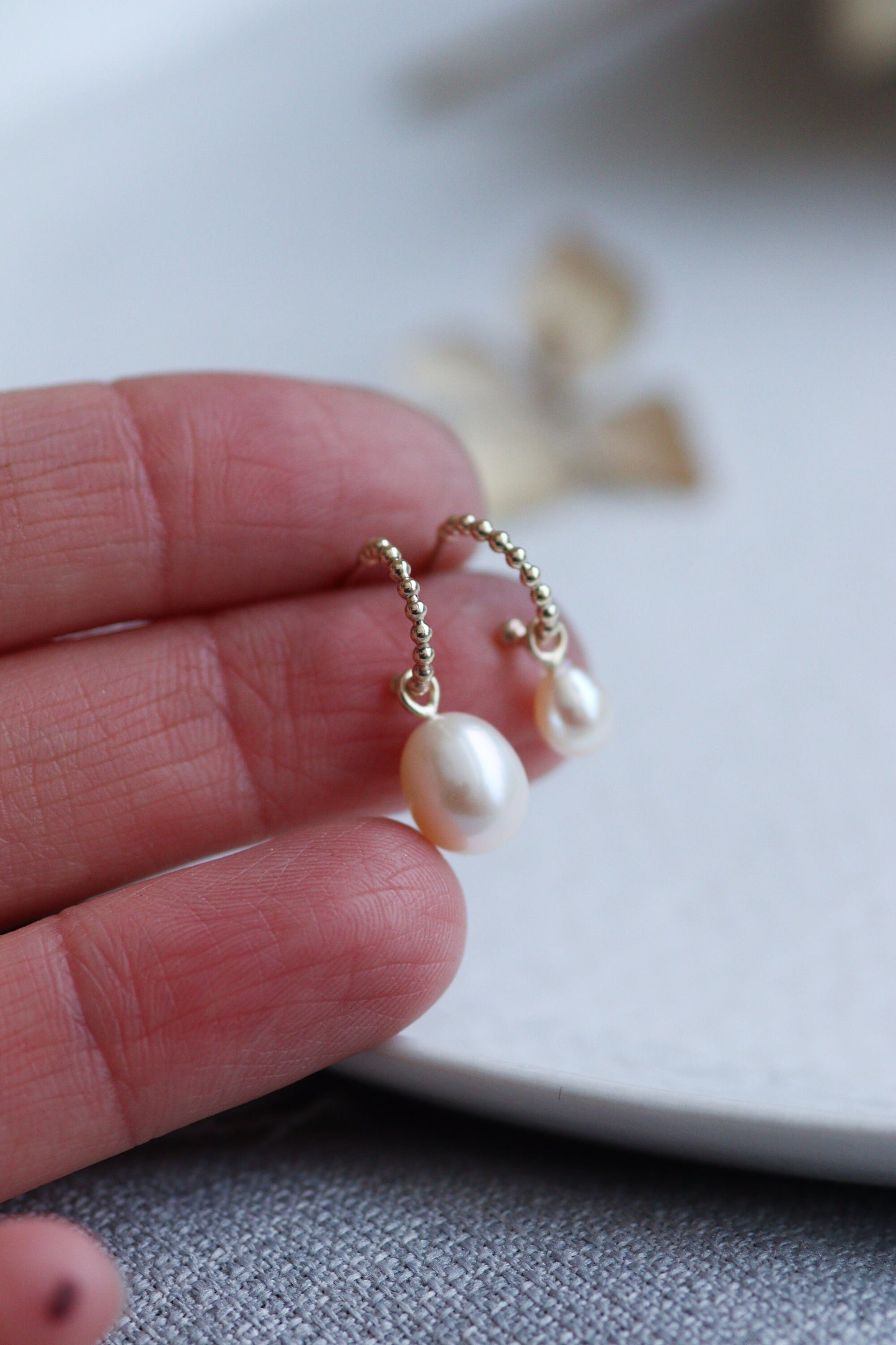 Solid Gold Beaded Hoop Earrings With Pearl Drops