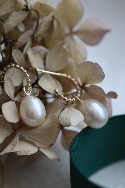 Solid Gold Beaded Hoop Earrings With Pearl Drops