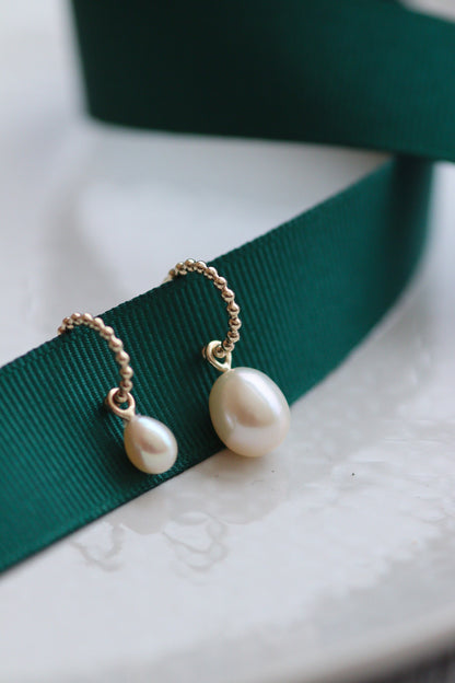 Solid Gold Beaded Hoop Earrings With Pearl Drops