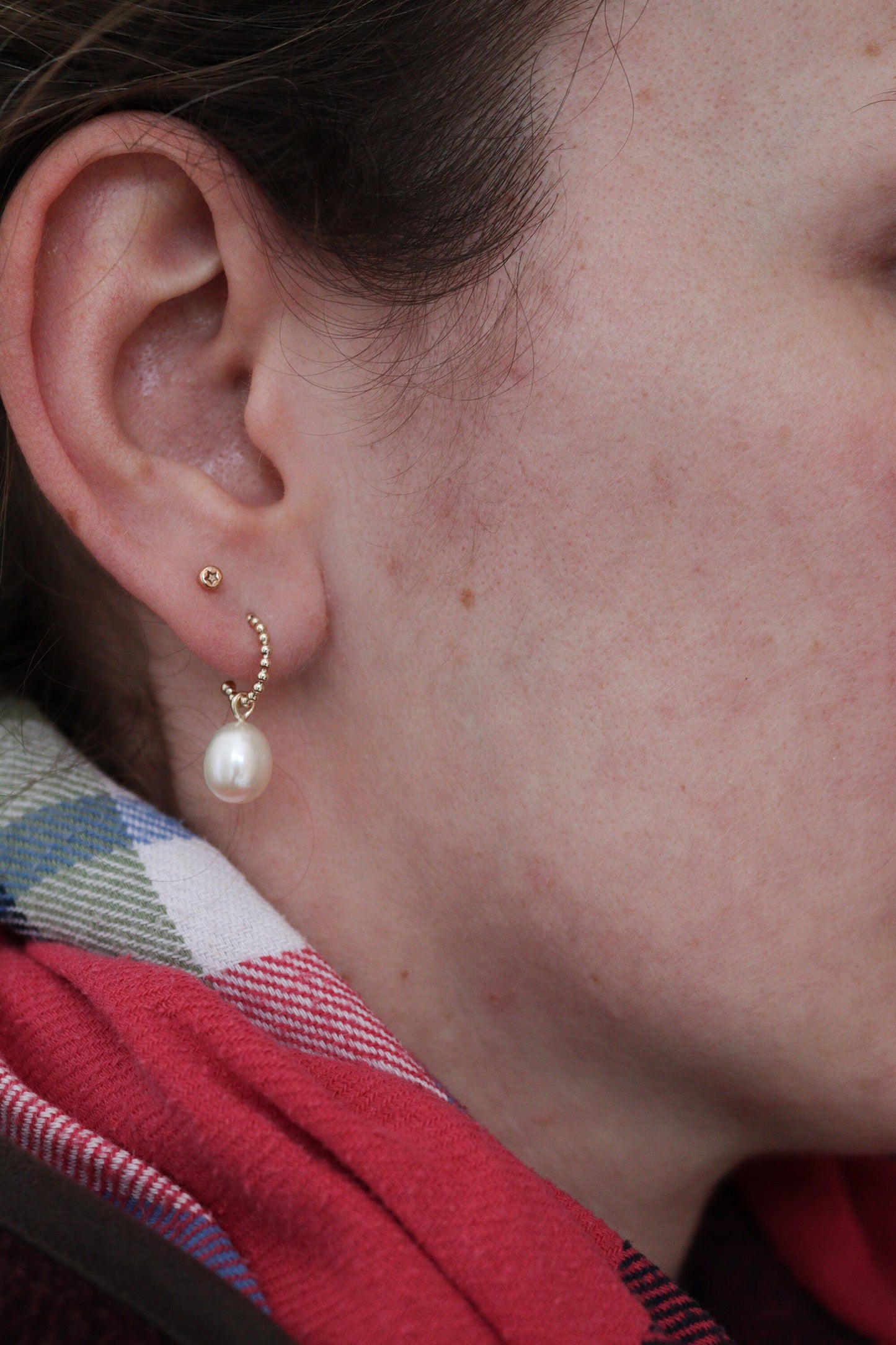 Solid Gold Beaded Hoop Earrings With Pearl Drops