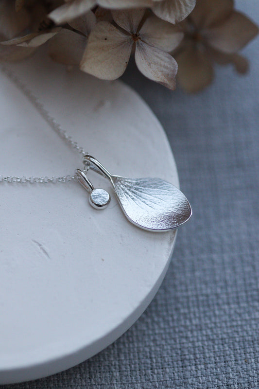 Silver Petal and Personalised Tiny Dot Pendant Necklace / Hydrangea Petals Impressed in Sterling Silver