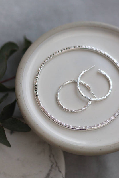 Silver Hammered Hoops Medium