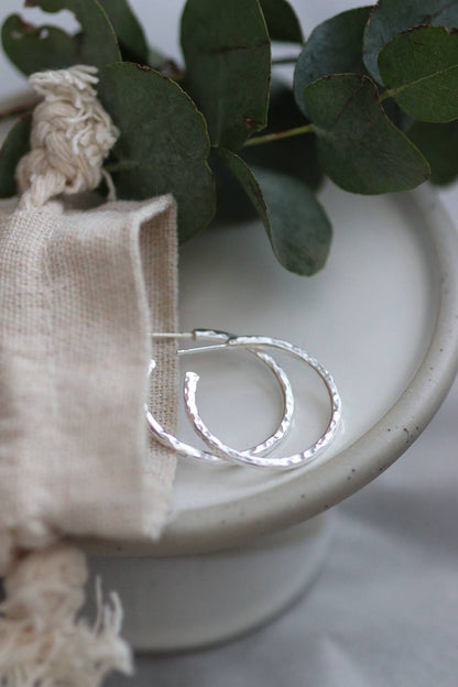 Silver Hammered Hoops Medium