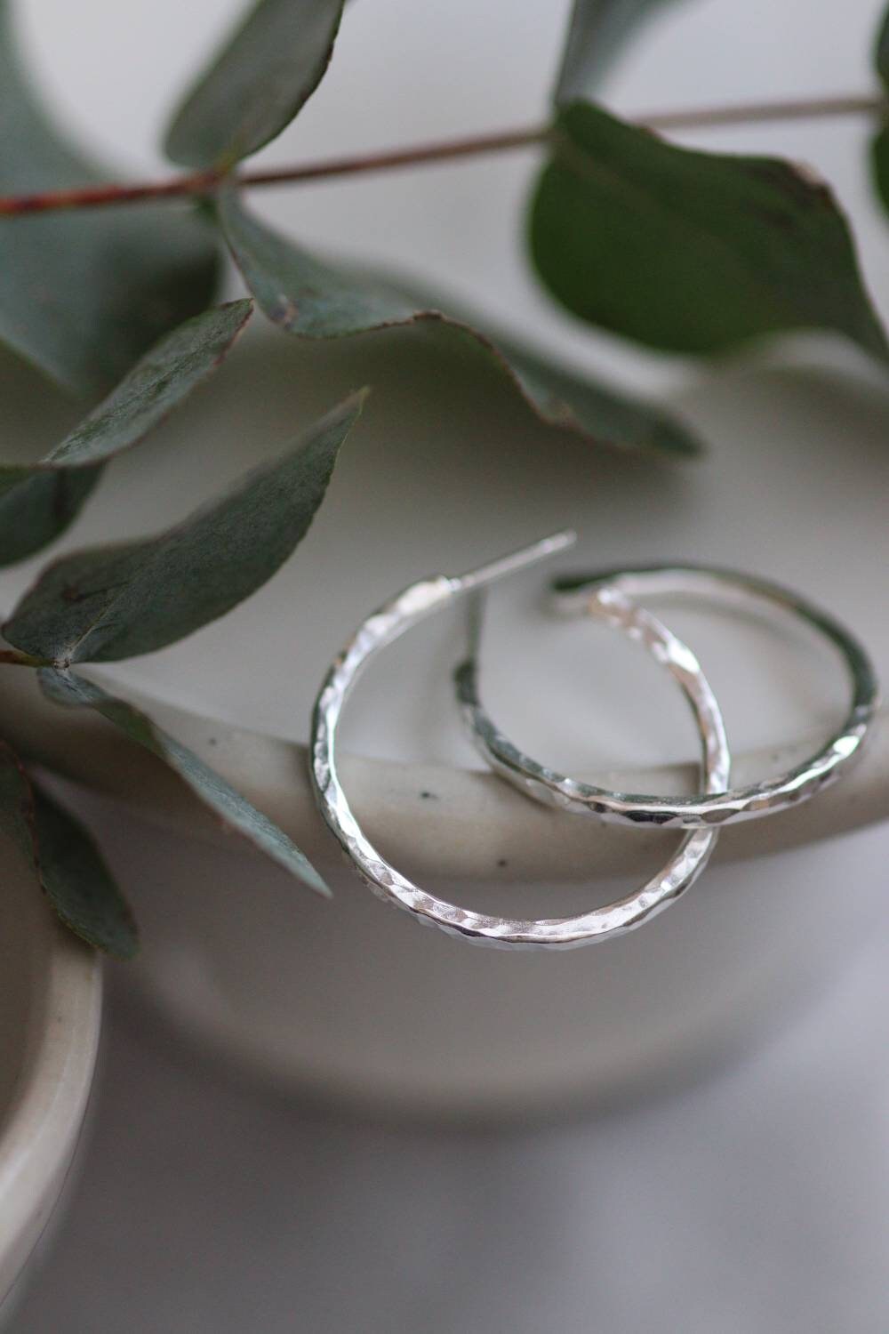 Silver Hammered Hoops Medium