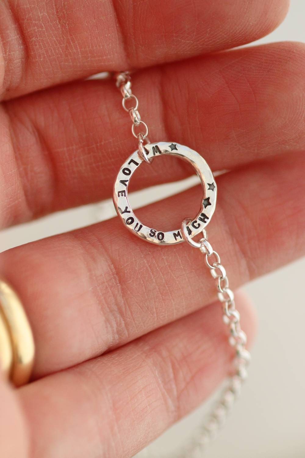 We love you so much /Silver circle chain bracelet / Hand Stamped with a phrase, names, dates