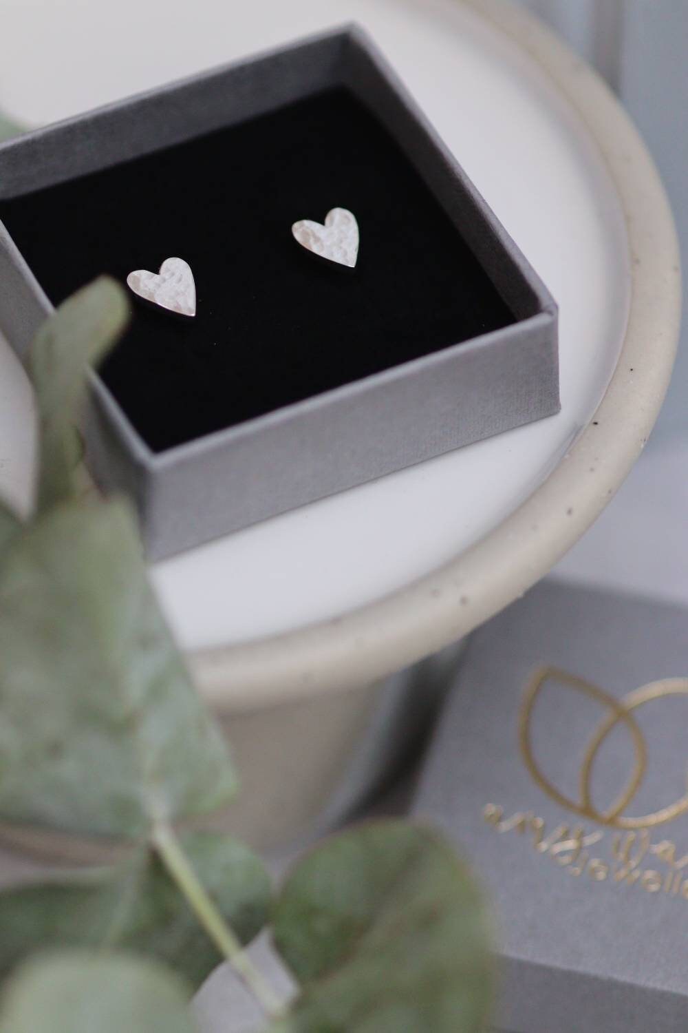 Silver Hammered Heart Stud Earrings