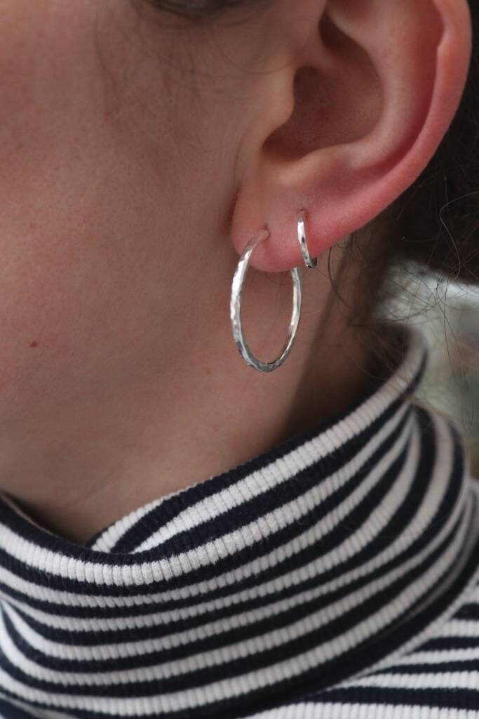 Silver Hammered Hoops Medium