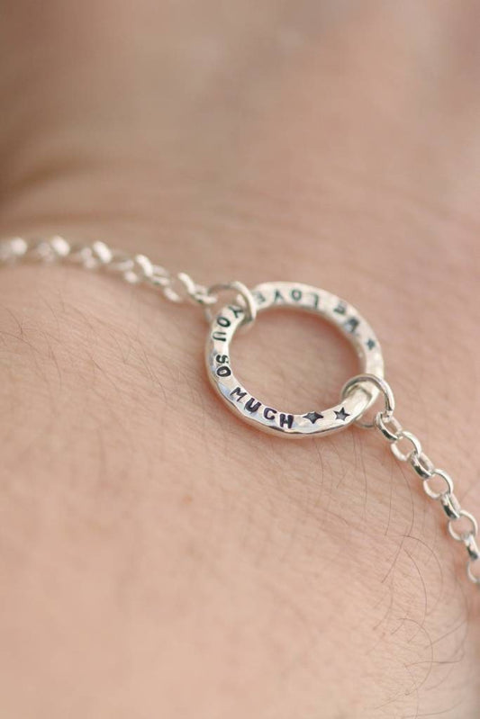 We love you so much /Silver circle chain bracelet / Hand Stamped with a phrase, names, dates